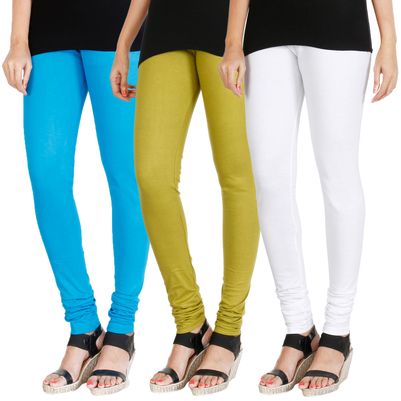 

HRINKAR LIGHT BLUE LIGHT GREEN WHITE Soft Cotton Lycra Plain girls leggings combo Pack of 3 Size - L XL XXL - HLGCMB0241-XL