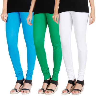 

HRINKAR LIGHT BLUE LIGHT GREEN WHITE Soft Cotton Lycra Plain leggings for womens combo Pack of 3 Size - L XL XXL - HLGCMB0190-XL