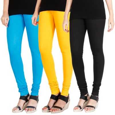 

HRINKAR LIGHT BLUE MANGO YELLOW BLACK Soft Cotton Lycra Plain leggings Pack of 3 Size - L XL XXL - HLGCMB0154-XXL