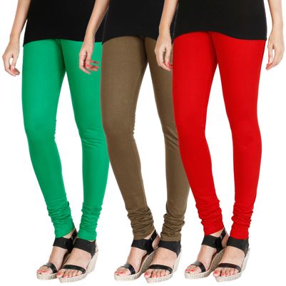 

HRINKAR LIGHT GREEN MEHENDI RED Soft Cotton Lycra Plain girls leggings combo Pack of 3 Size - L XL XXL - HLGCMB0550-XXL