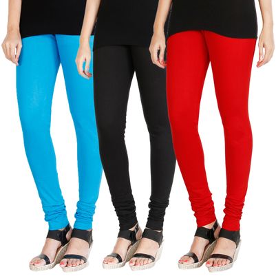 

HRINKAR LIGHT BLUE BLACK RED Soft Cotton Lycra Plain leggings for girls combo Pack of 3 Size - L XL XXL - HLGCMB0200-XXL