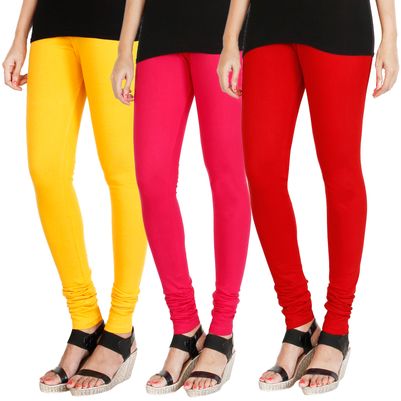 

HRINKAR MANGO YELLOW DARK PINK RED Soft Cotton Lycra Plain leggings for girls combo Pack of 3 Size - L XL XXL - HLGCMB0448-XXL