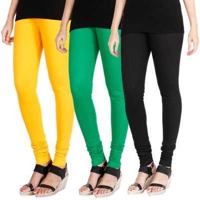 

HRINKAR MANGO YELLOW LIGHT GREEN BLACK Soft Cotton Lycra Plain womens leggings combo Pack of 3 Size - L XL XXL - HLGCMB0375-L