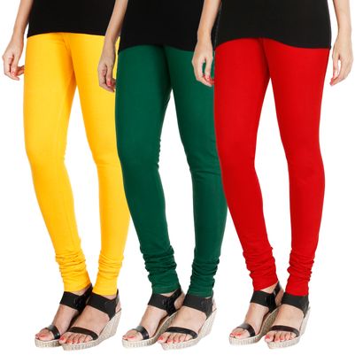

HRINKAR MANGO YELLOW BOTTLE GREEN RED Soft Cotton Lycra Plain Salwar leggings combo Pack of 3 Size - L XL XXL - HLGCMB0373-L