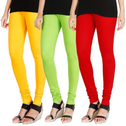 

HRINKAR MANGO YELLOW FLUROSCENT GREEN RED Soft Cotton Lycra Plain girls leggings combo Pack of 3 Size - L XL XXL - HLGCMB0441-XL
