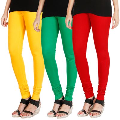 

HRINKAR MANGO YELLOW LIGHT GREEN RED Soft Cotton Lycra Plain leggings for womens combo Pack of 3 Size - L XL XXL - HLGCMB0385-L