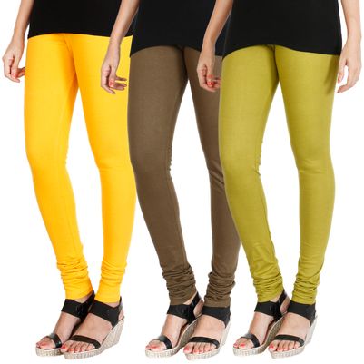 

HRINKAR MANGO YELLOW MEHENDI LIGHT GREEN Soft Cotton Lycra Plain girls leggings combo Pack of 3 Size - L XL XXL - HLGCMB0401-XL