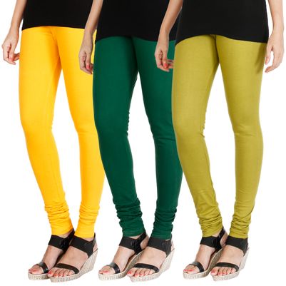 

HRINKAR MANGO YELLOW BOTTLE GREEN LIGHT GREEN Soft Cotton Lycra Plain leggings Pack of 3 Size - L XL XXL - HLGCMB0368-L