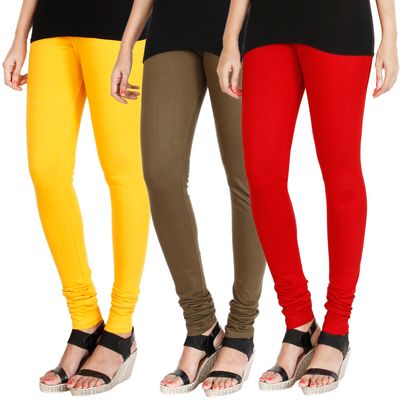 

HRINKAR MANGO YELLOW MEHENDI RED Soft Cotton Lycra Plain leggings for womens combo Pack of 3 Size - L XL XXL - HLGCMB0406-XL