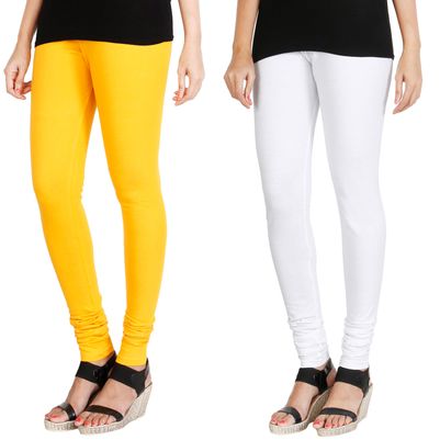 

HRINKAR MANGO YELLOW WHITE Soft Cotton Lycra Plain leggings for womens combo Pack of 2 Size - L XL XXL - HLGCMB0045-XXL