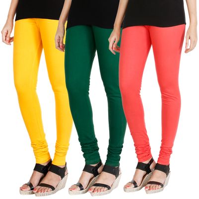 

HRINKAR MANGO YELLOW BOTTLE GREEN PEACH Soft Cotton Lycra Plain leggings for girls combo Pack of 3 Size - L XL XXL - HLGCMB0366-L