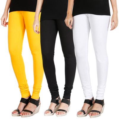 

HRINKAR MANGO YELLOW BLACK WHITE Soft Cotton Lycra Plain leggings for womens combo Pack of 3 Size - L XL XXL - HLGCMB0397-XXL