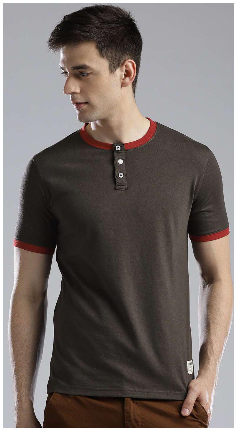 Hubberholme Men Regular fit Henley neck Solid T Shirt Brown