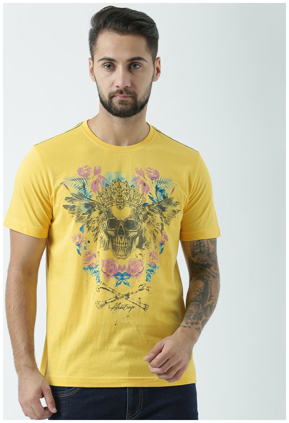 

Huetrap Mens Yellow punk skull with rose print t-shirt