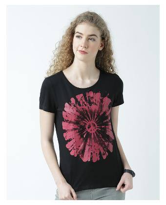 Huetrap Women Black Regular fit Round neck Cotton T shirt