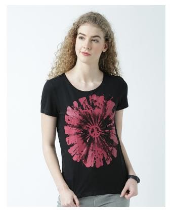 Huetrap Women Black Regular fit Round neck Cotton T shirt