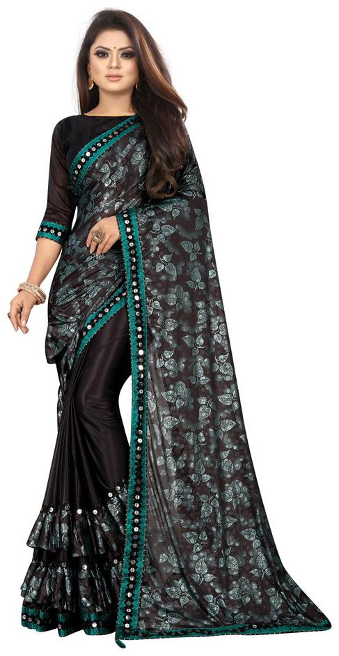 

Hutah New Bollywood Women s Lycra Printed Ruffle Saree With Blouse Color Black