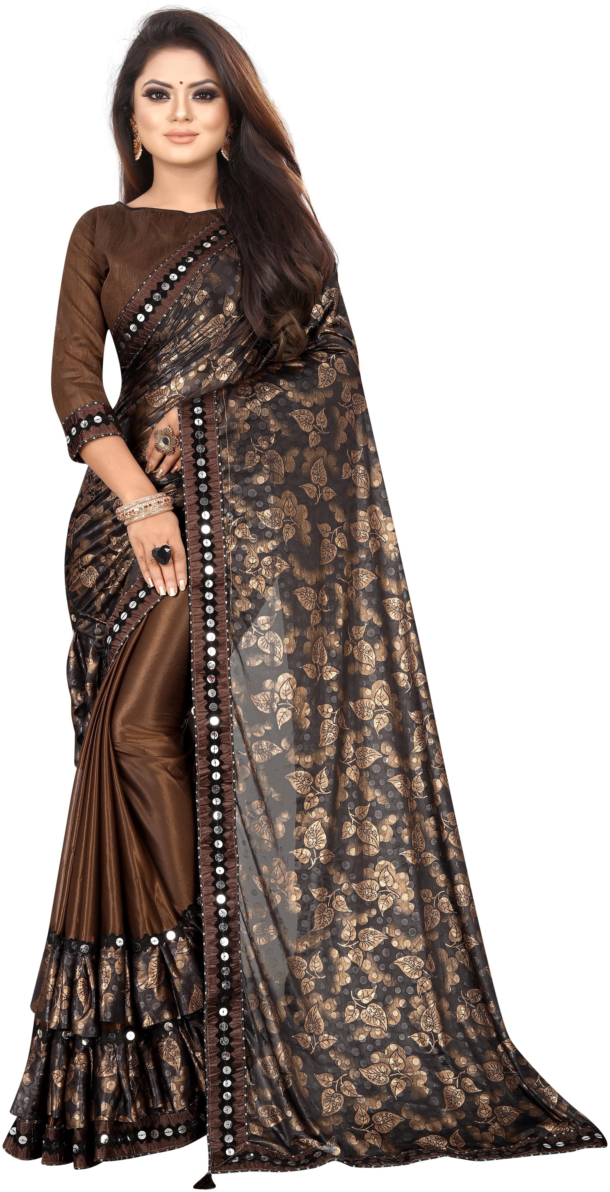 

Hutah New Bollywood Women s Lycra Printed Ruffle Saree With Blouse Color Brown