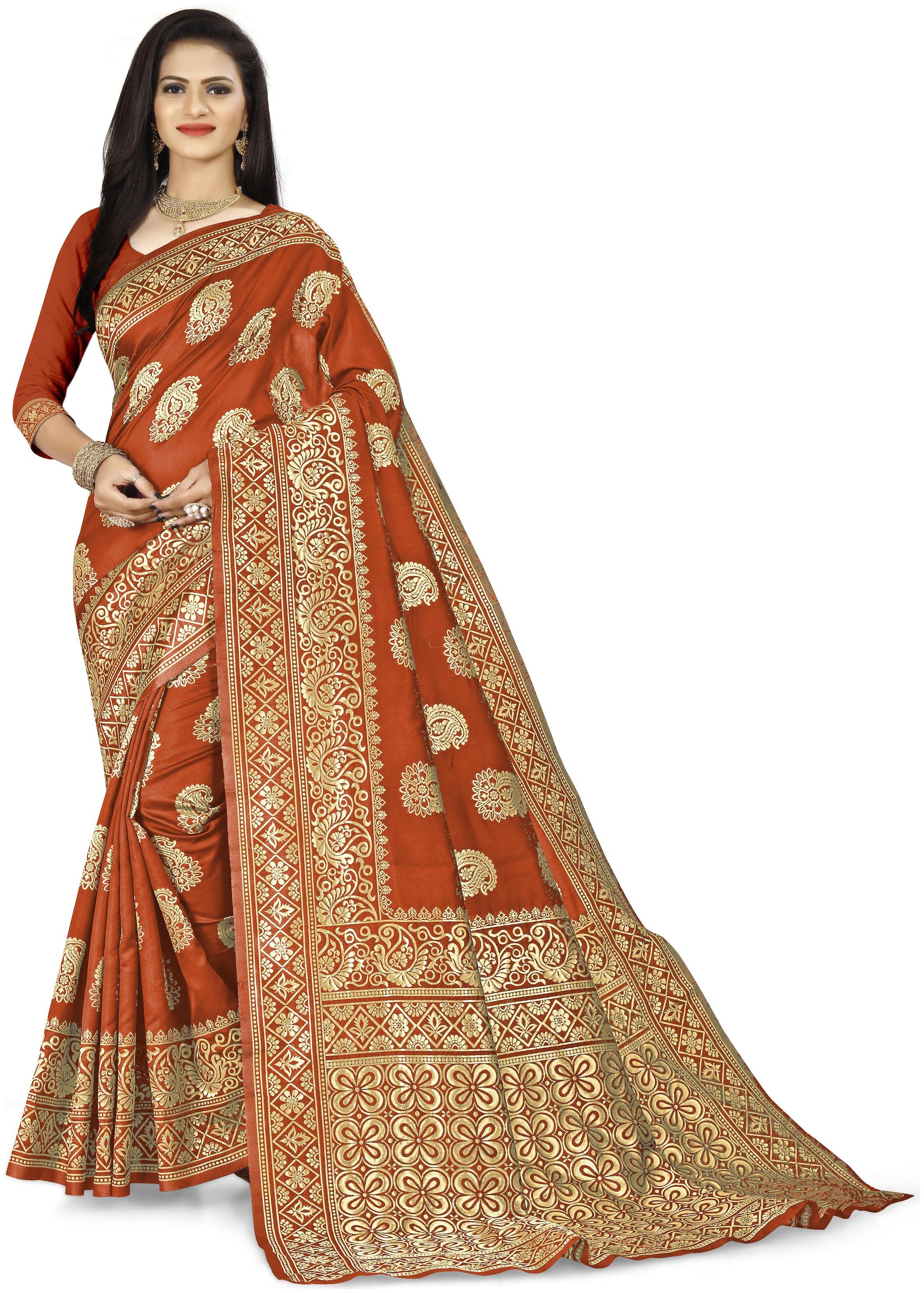 

Hutah Women Jacquard Woven Orange Regular Saree With Blouse