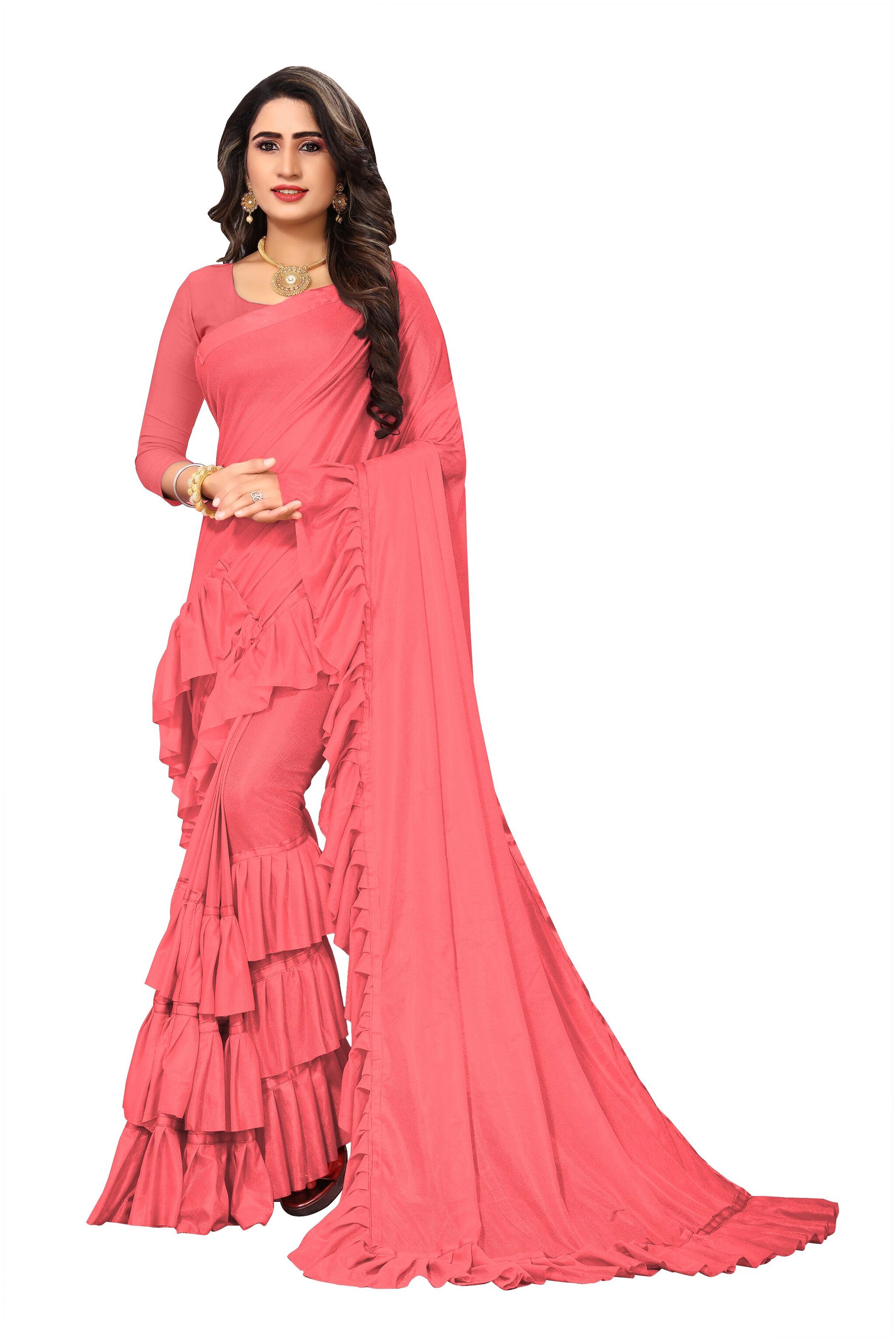 

Hutah Women Solid Bollywood Lycra Saree (Pink)