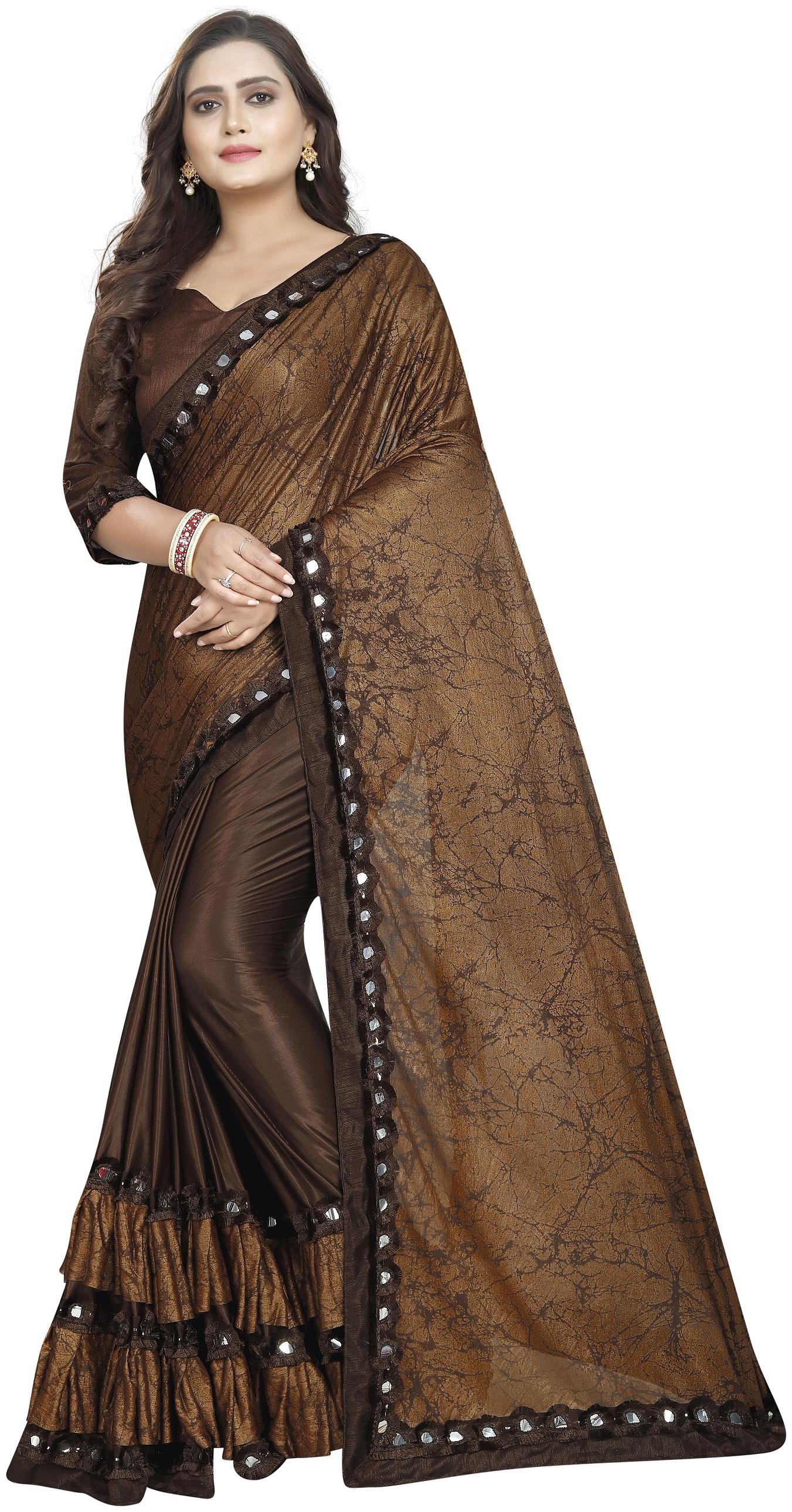 

Hutah Women Lycra Printed Brown Saree With Blouse