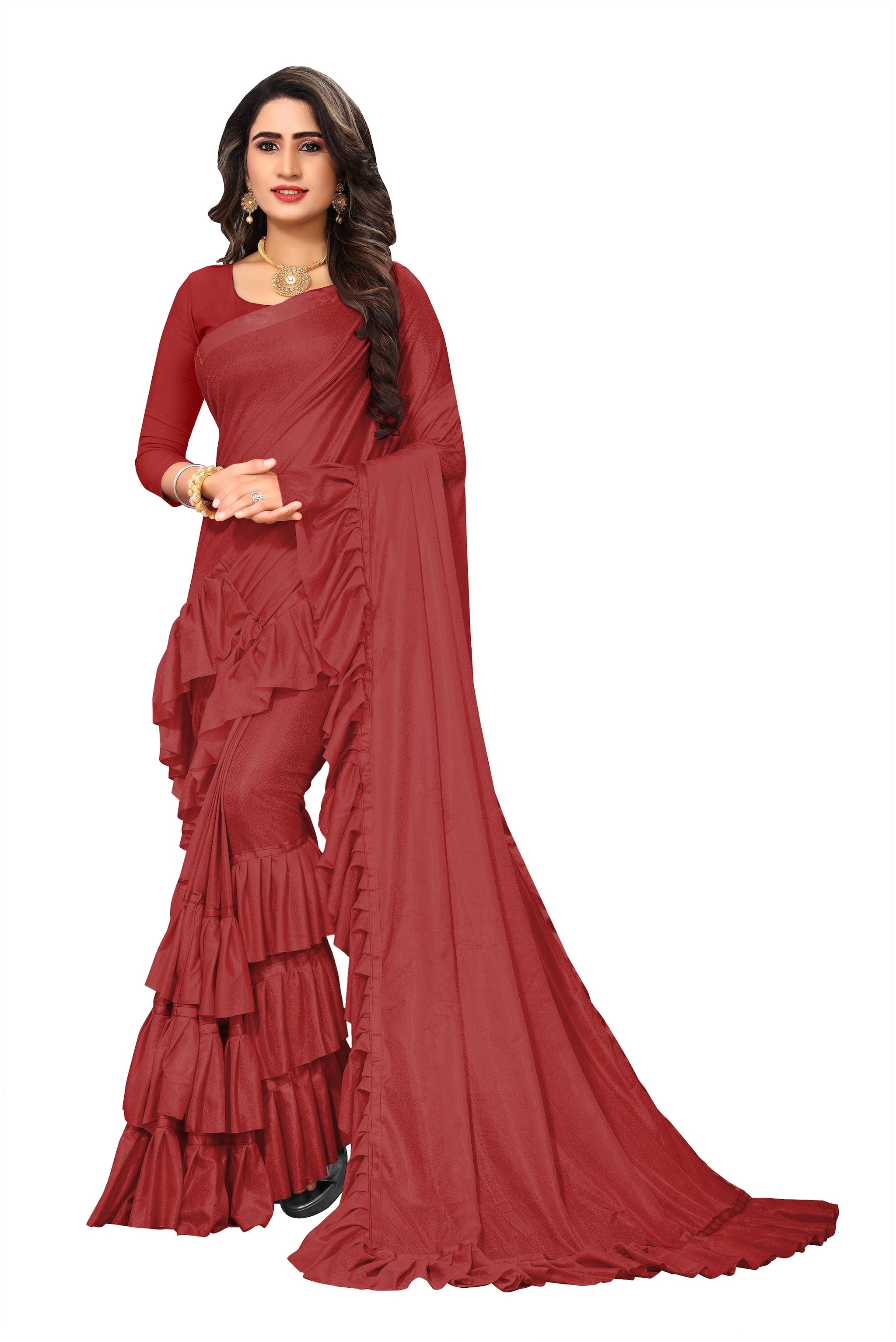 

Hutah Women Solid Bollywood Lycra Saree (Maroon)