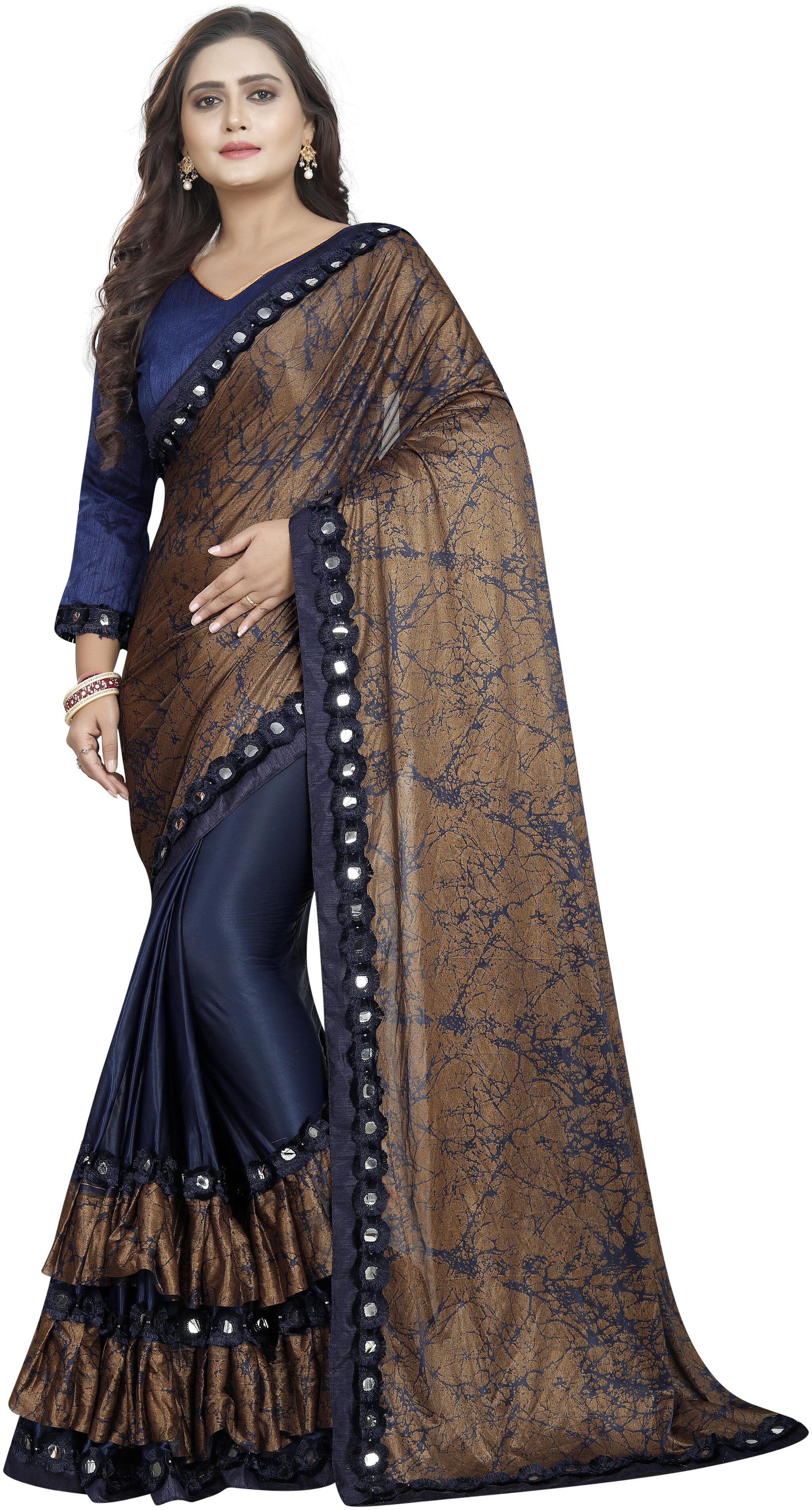 

Hutah Women Lycra Printed Blue Brown Saree With Blouse