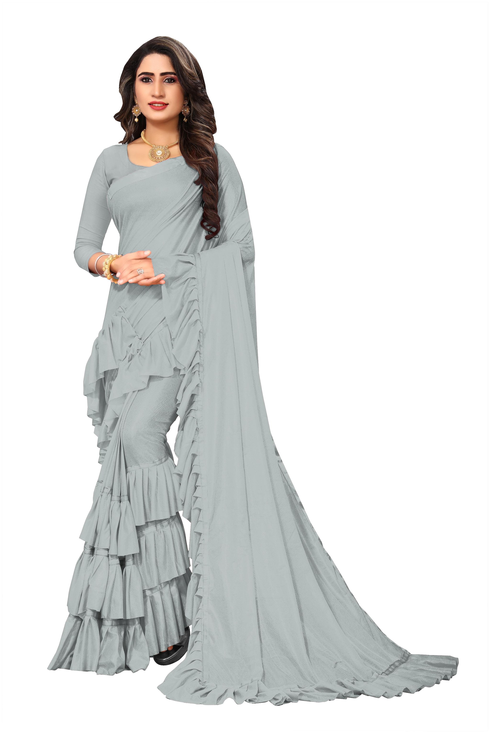 

Hutah Women Lycra Solid Grey Ruffle Saree With Blouse