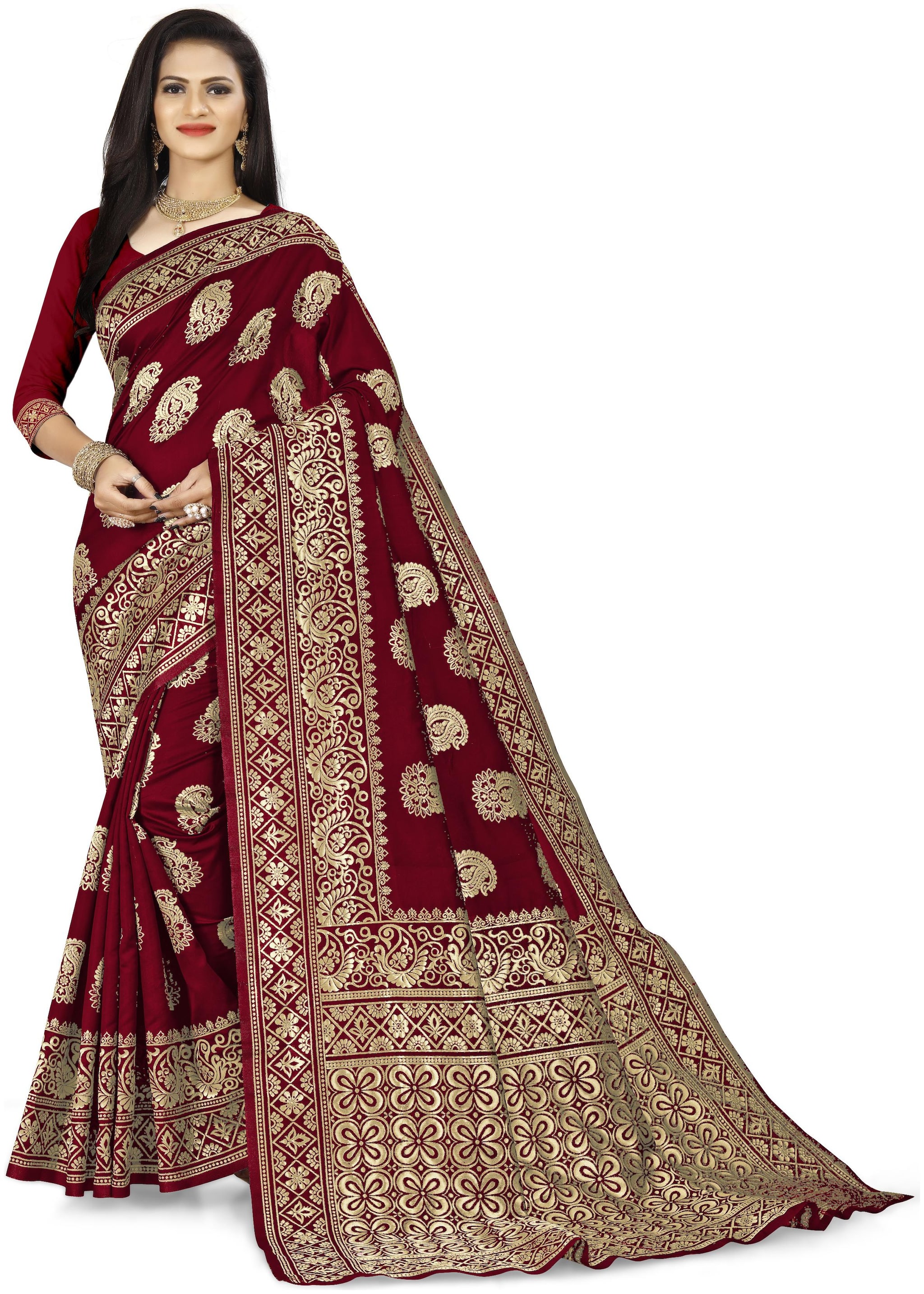 

Hutah Women Jacquard Woven Maroon Regular Saree With Blouse