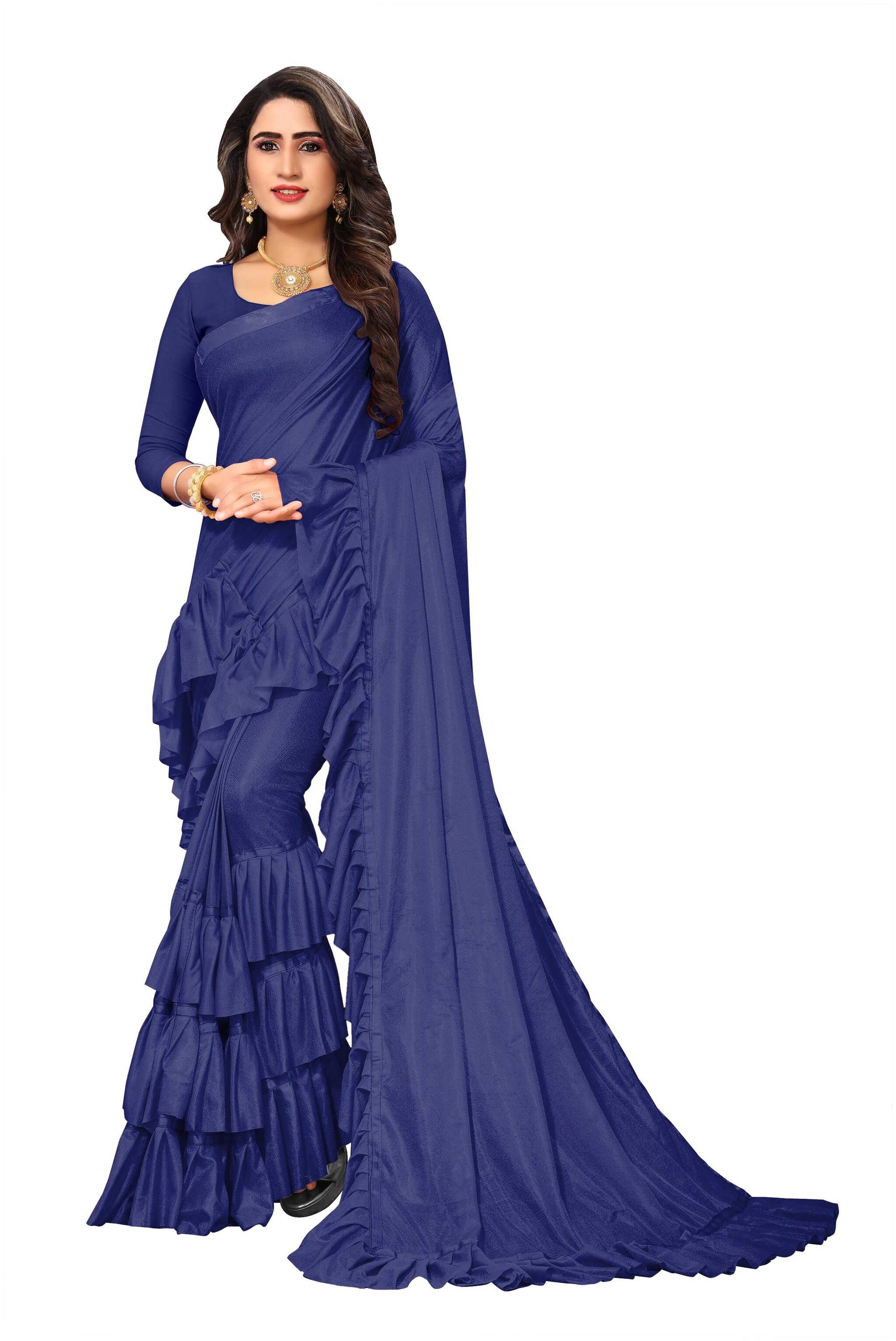 

Hutah Women Solid Bollywood Lycra Saree (Navy Blue)