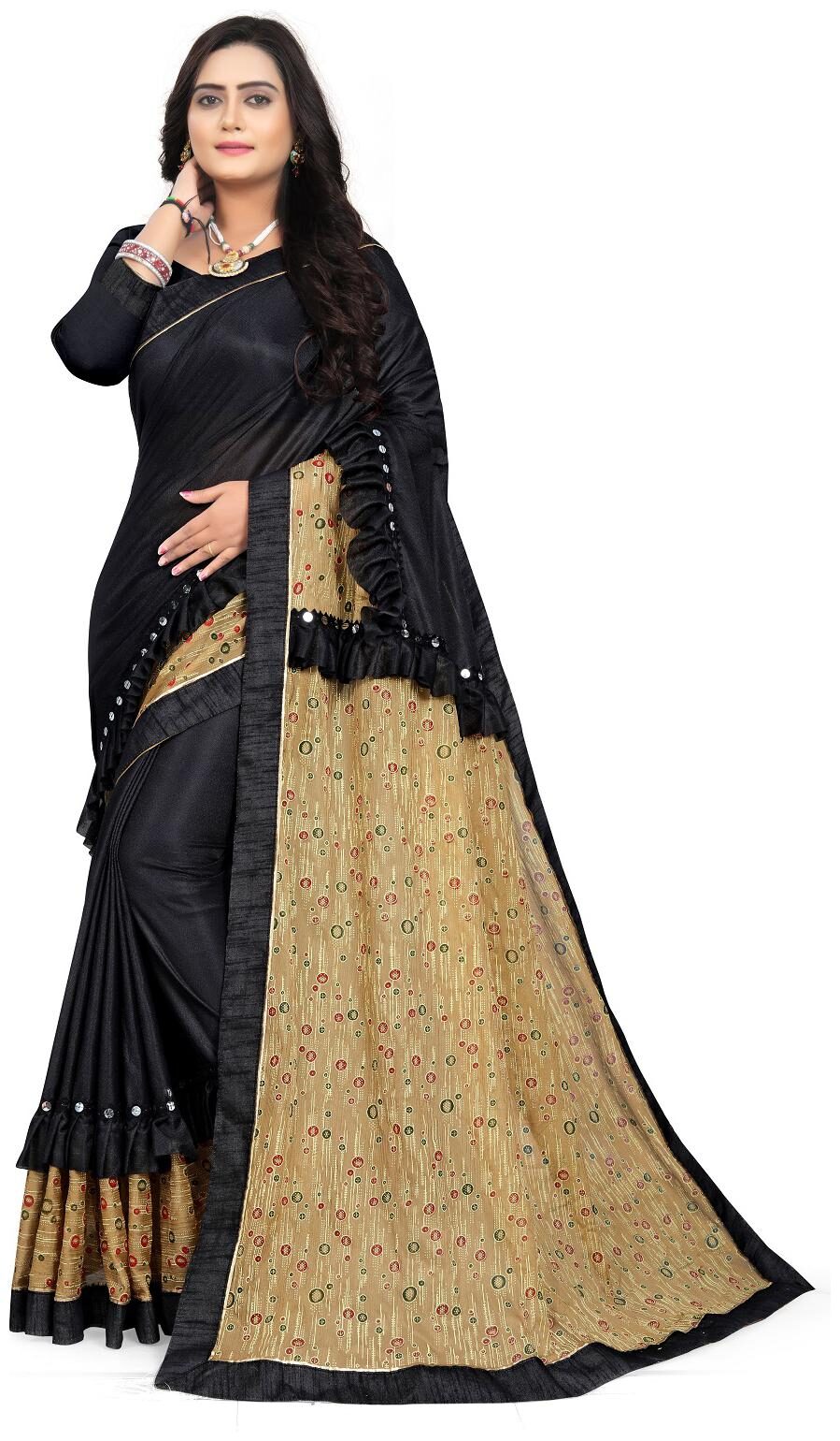 

Hutah Women Printed Bollywood Lycra Party Wear Saree (Brown Black)