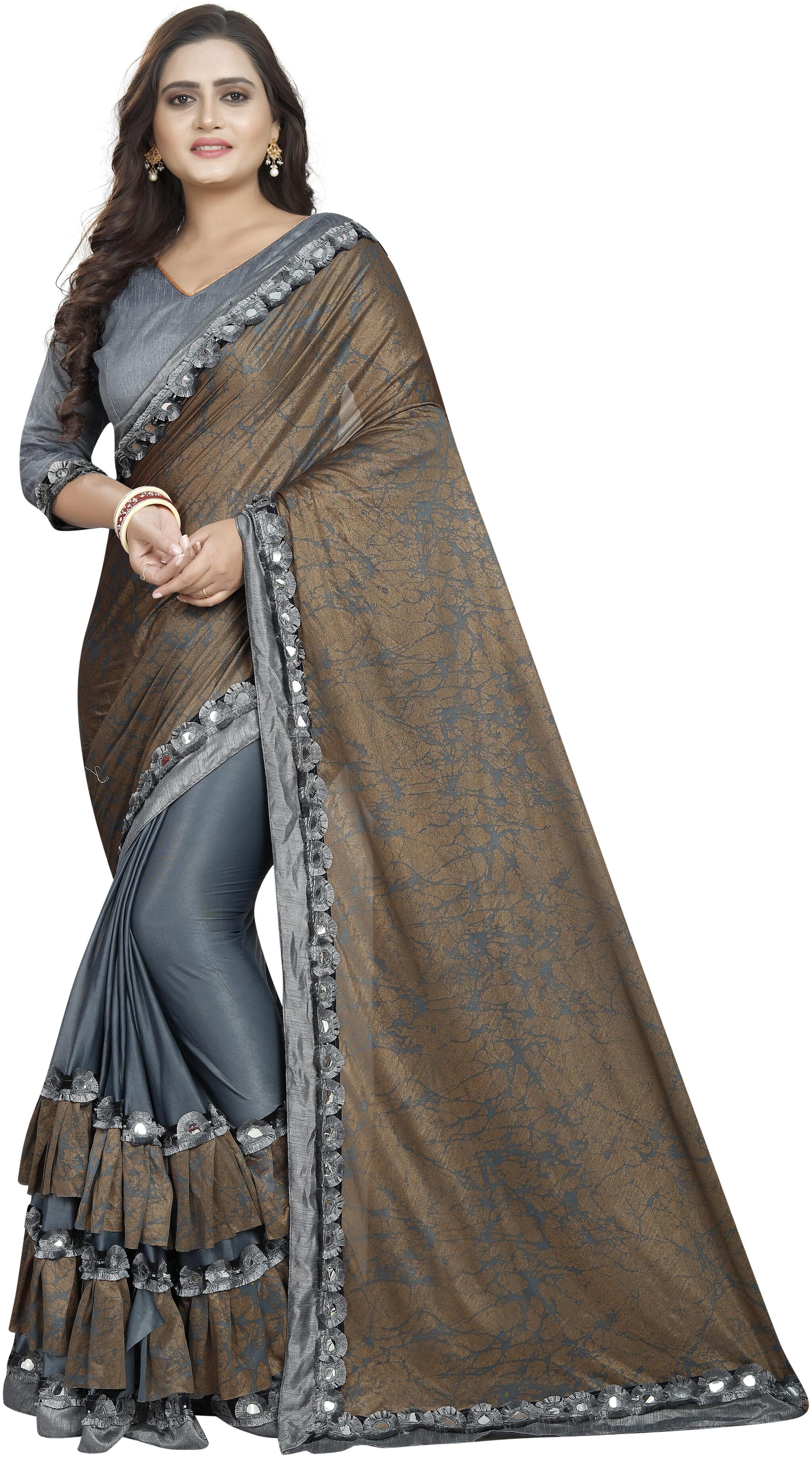 

Hutah Women Lycra Printed Grey Brown Saree With Blouse