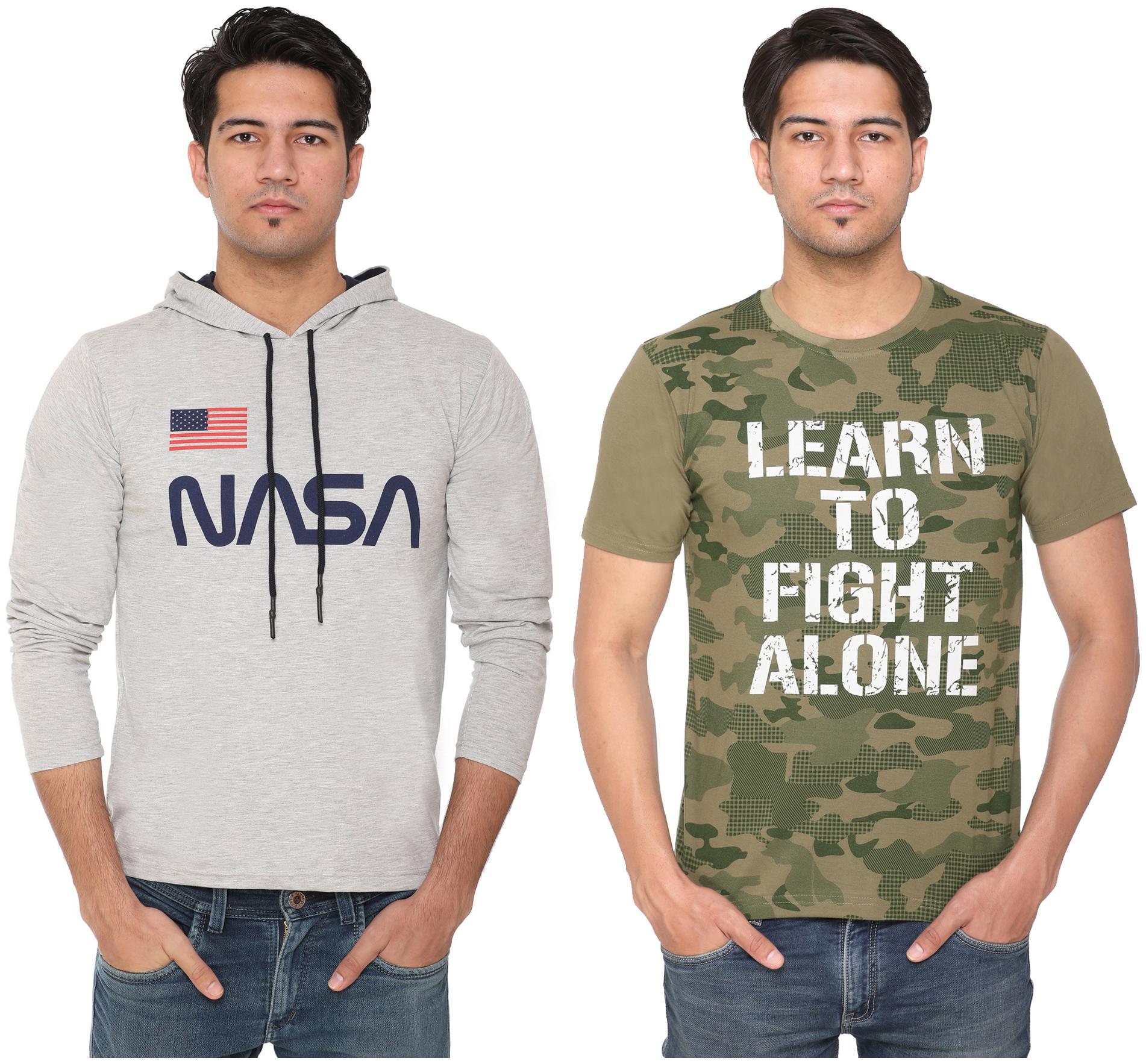 

HVBK Men Green Grey Regular fit Cotton Blend Hood T-Shirt - Pack Of 2