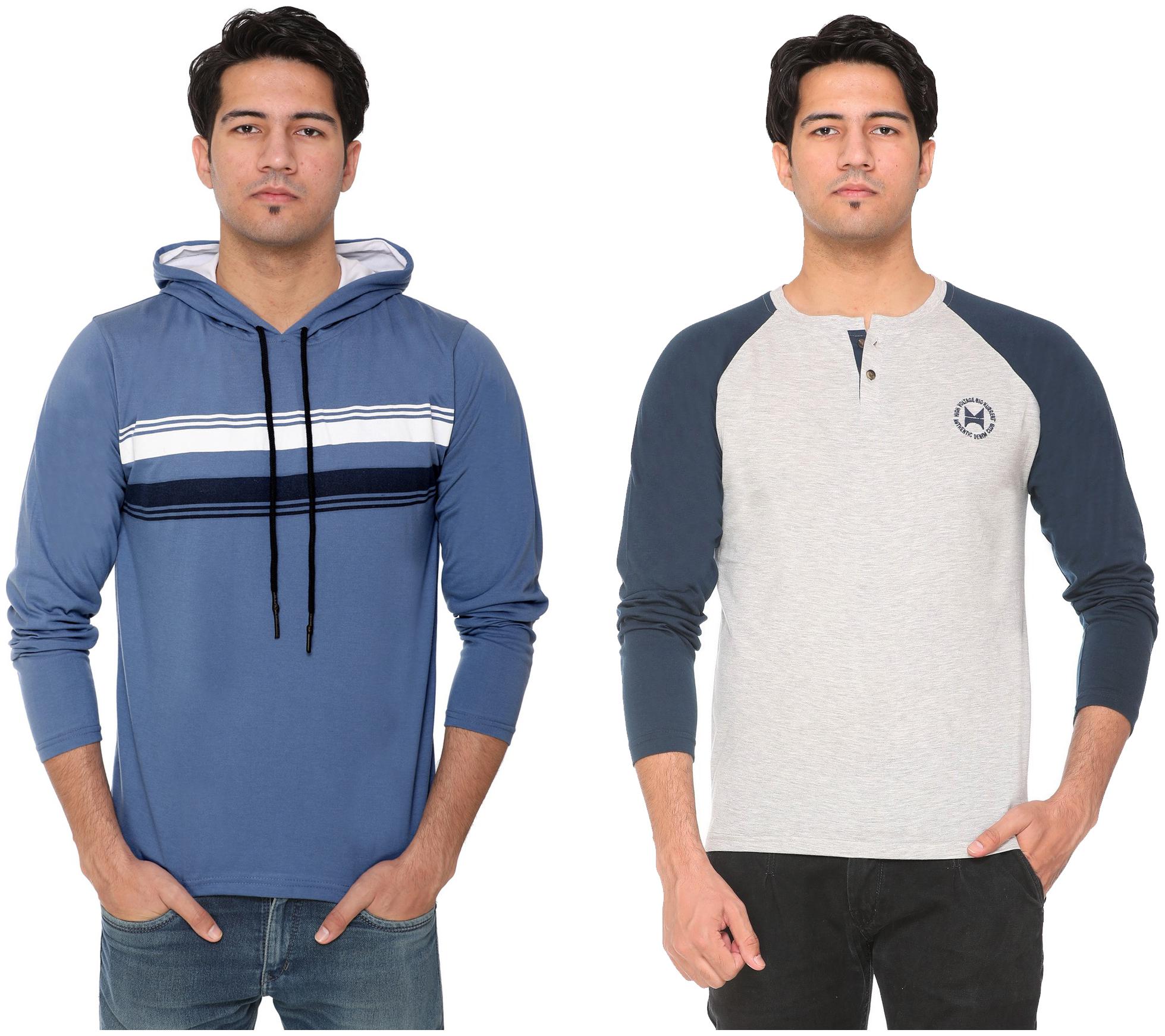 

HVBK Men Blue Grey Regular fit Cotton Blend Hood T-Shirt - Pack Of 2