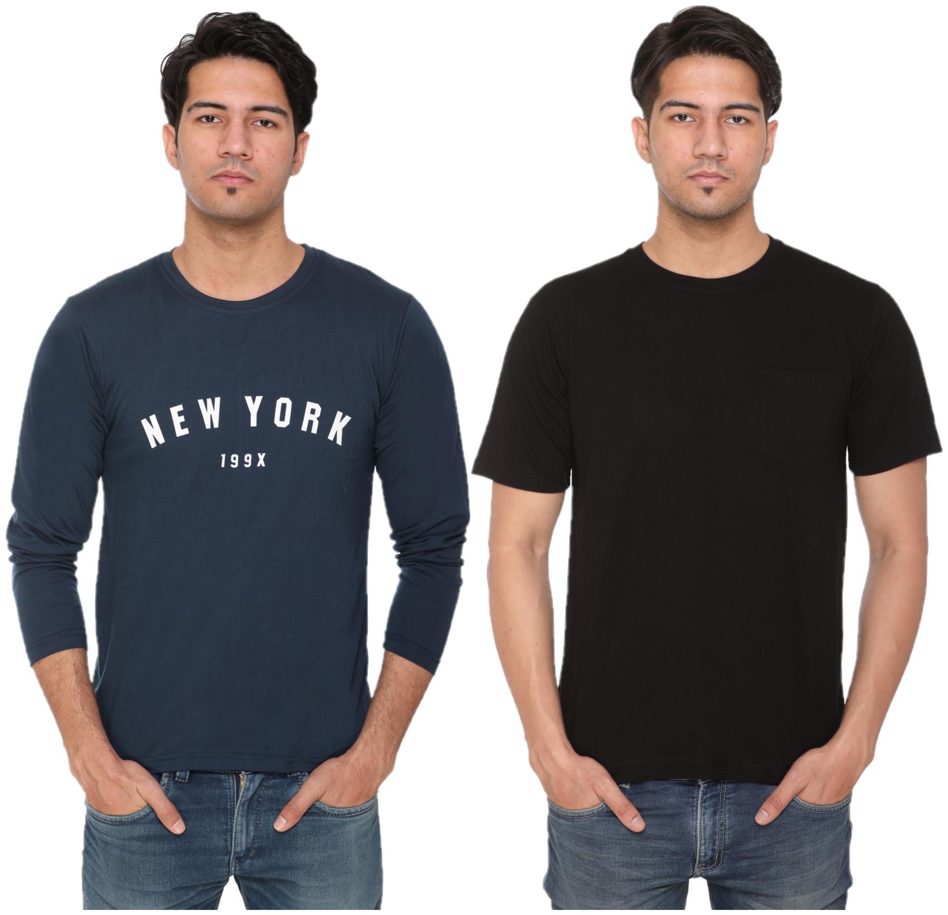

HVBK Men Black Blue Regular fit Cotton Blend Round neck T-Shirt - Pack Of 2