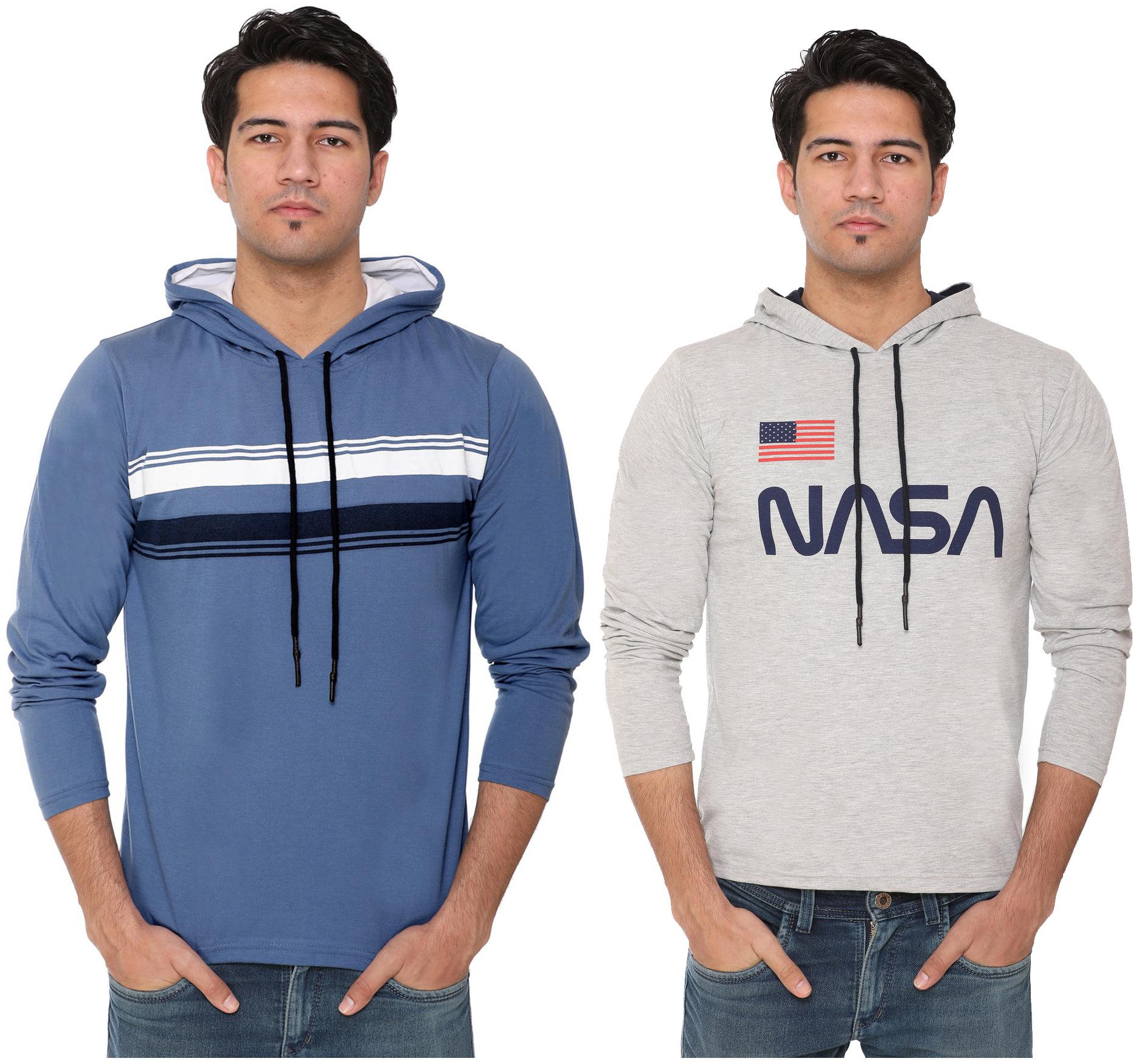 

HVBK Men Grey Blue Regular fit Cotton Blend Hood T-Shirt - Pack Of 2
