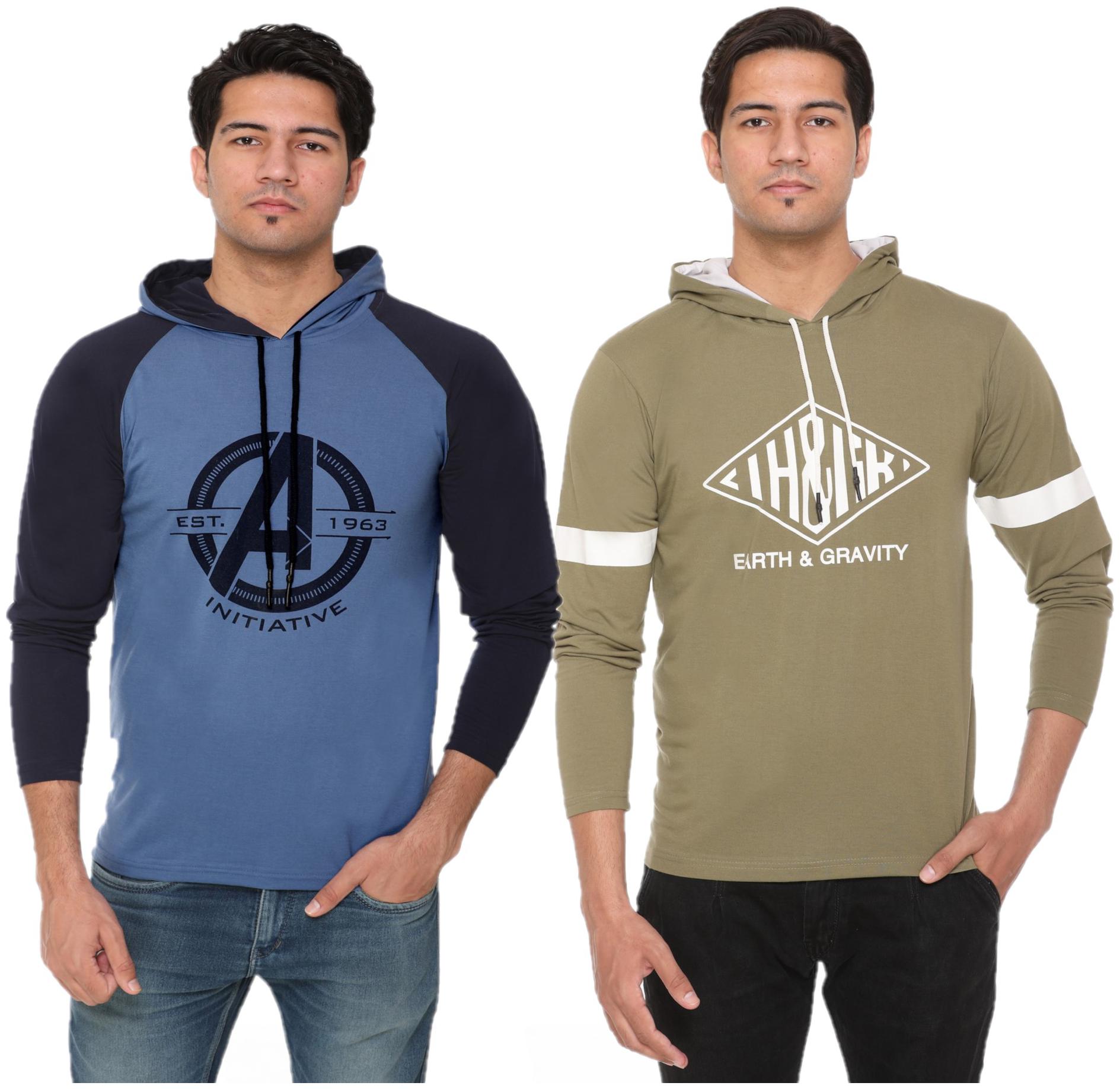 

HVBK Men Green Blue Regular fit Cotton Blend Hood T-Shirt - Pack Of 2