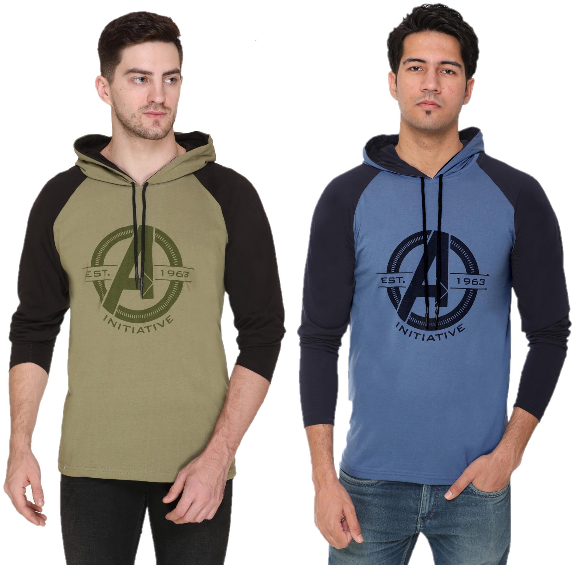 

HVBK Men Green Blue Regular fit Cotton Blend Hood T-Shirt - Pack Of 2