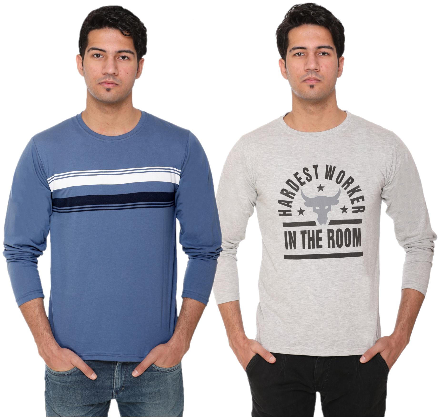 

HVBK Men Grey Blue Regular fit Cotton Blend Round neck T-Shirt - Pack Of 2
