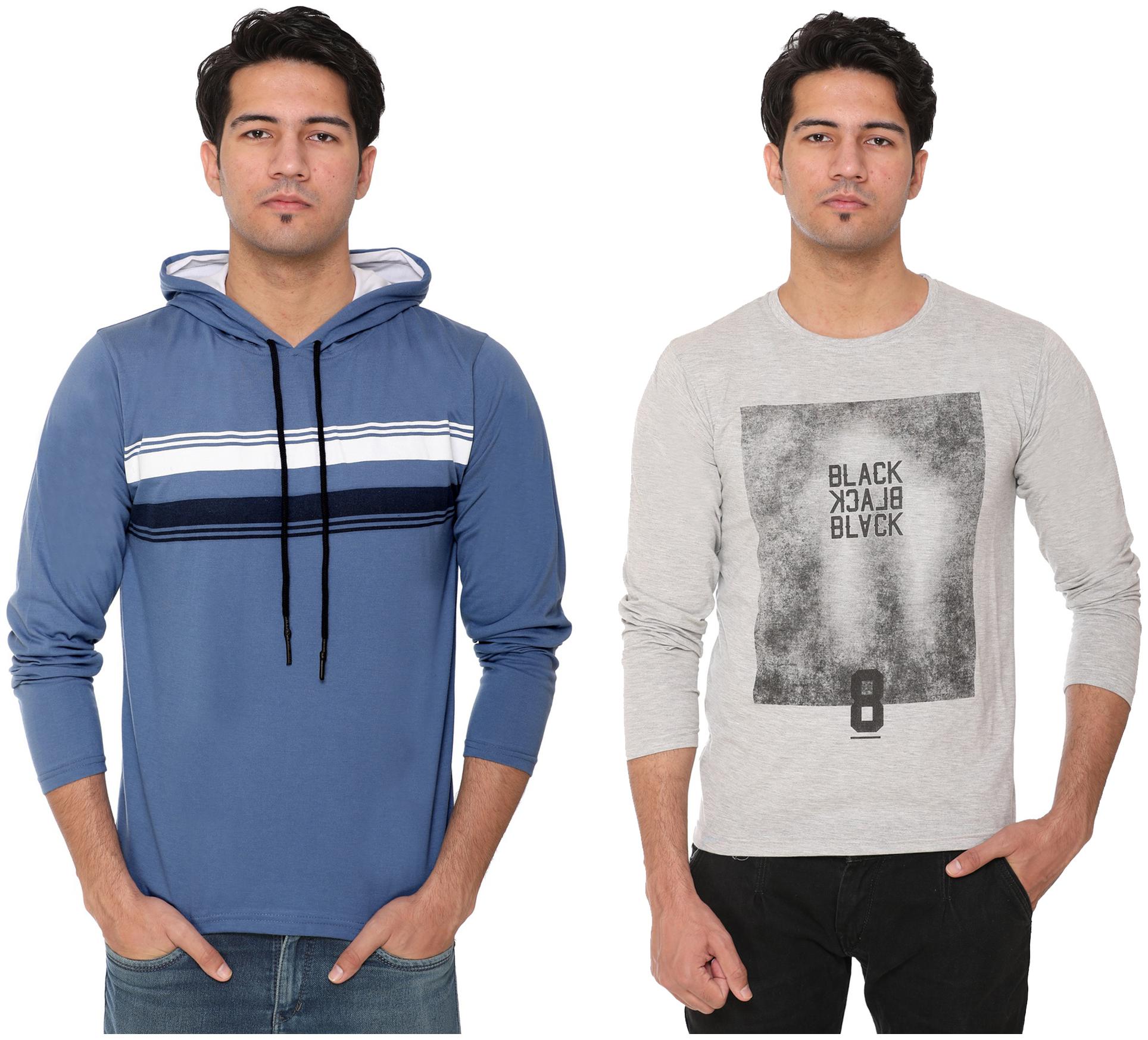 

HVBK Men Grey Blue Regular fit Cotton Blend Hood T-Shirt - Pack Of 2