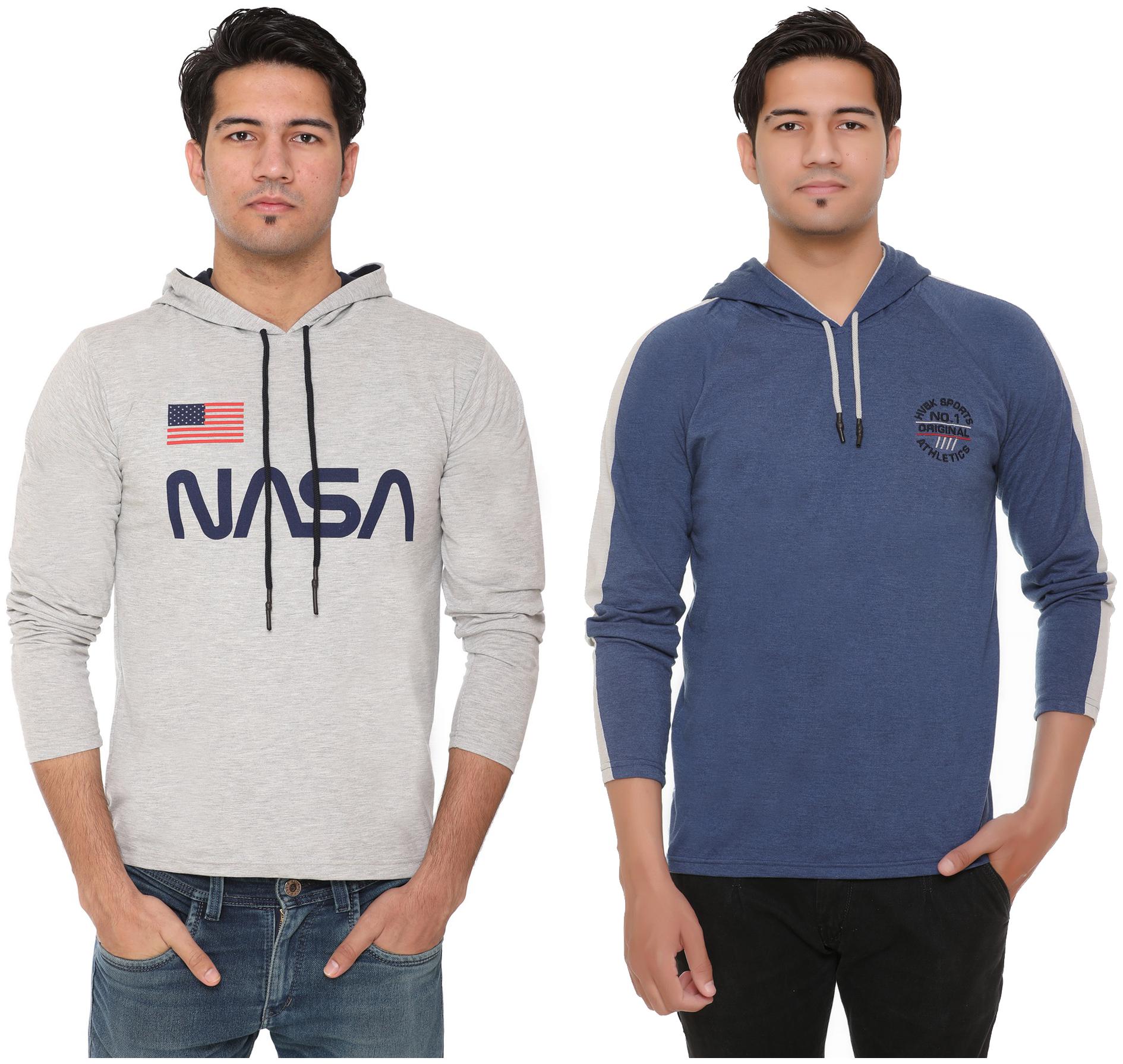 

HVBK Men Blue Grey Regular fit Cotton Blend Hood T-Shirt - Pack Of 2