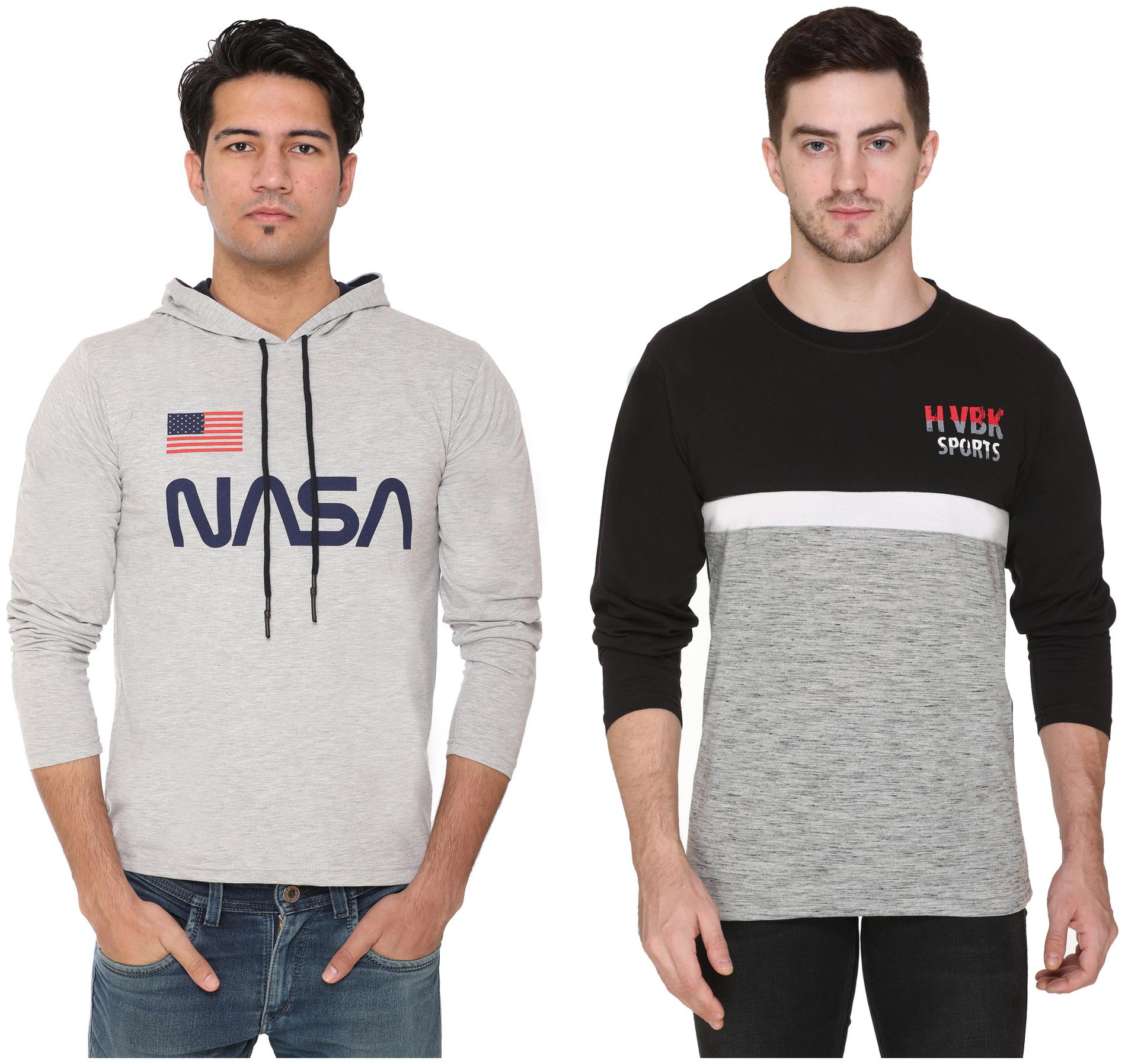 

HVBK Men Black Grey Regular fit Cotton Blend Hood T-Shirt - Pack Of 2