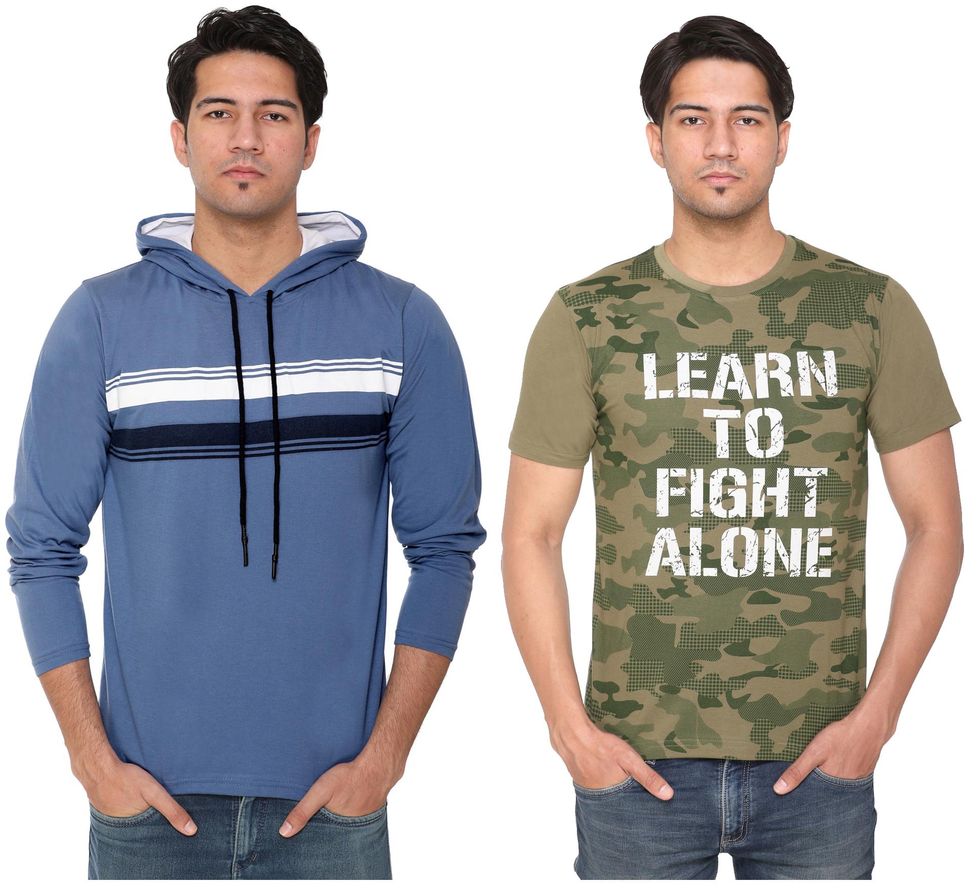 

HVBK Men Green Blue Regular fit Cotton Blend Hood T-Shirt - Pack Of 2