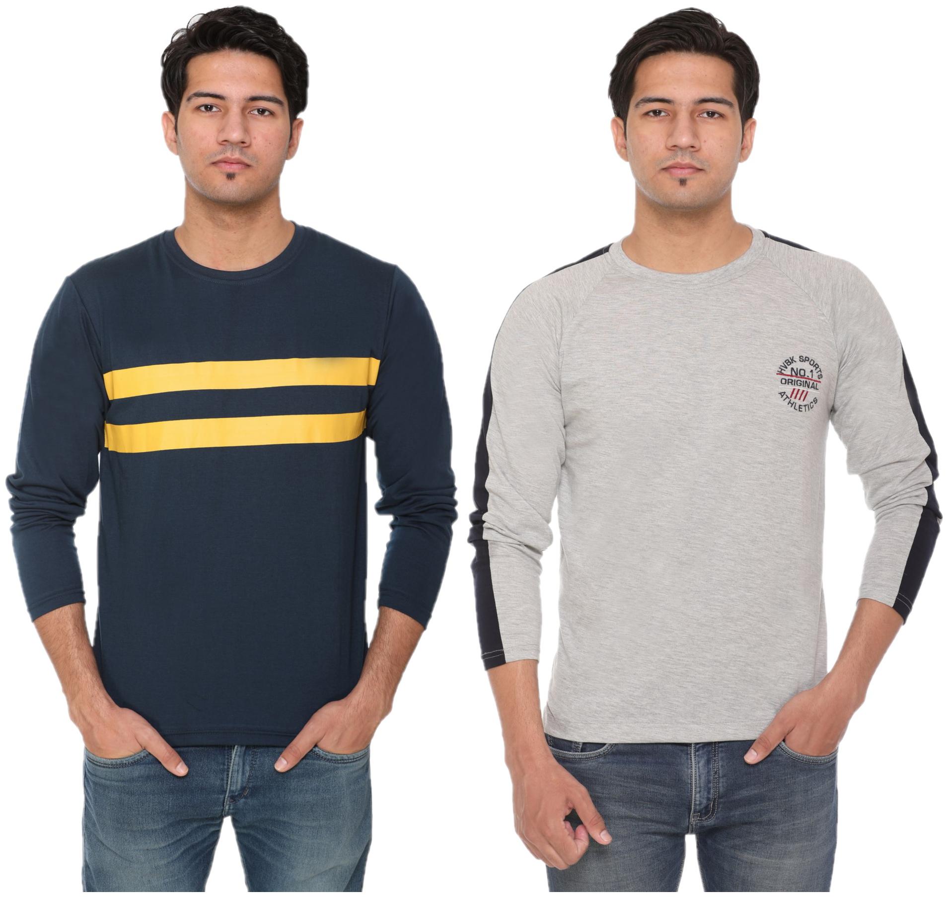 

HVBK Men Grey Blue Regular fit Cotton Blend Round neck T-Shirt - Pack Of 2