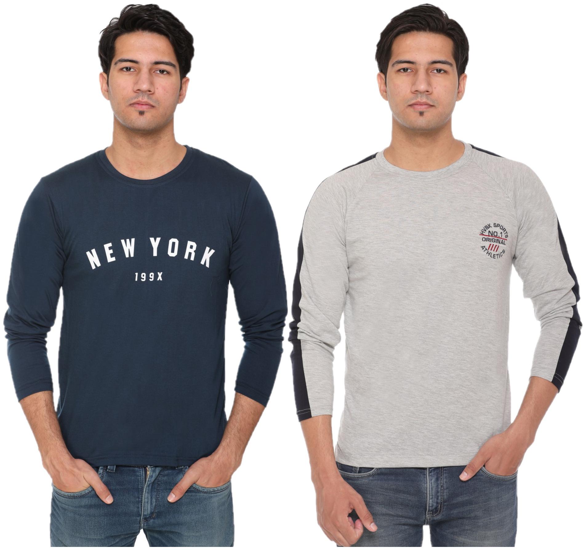 

HVBK Men Grey Blue Regular fit Cotton Blend Round neck T-Shirt - Pack Of 2