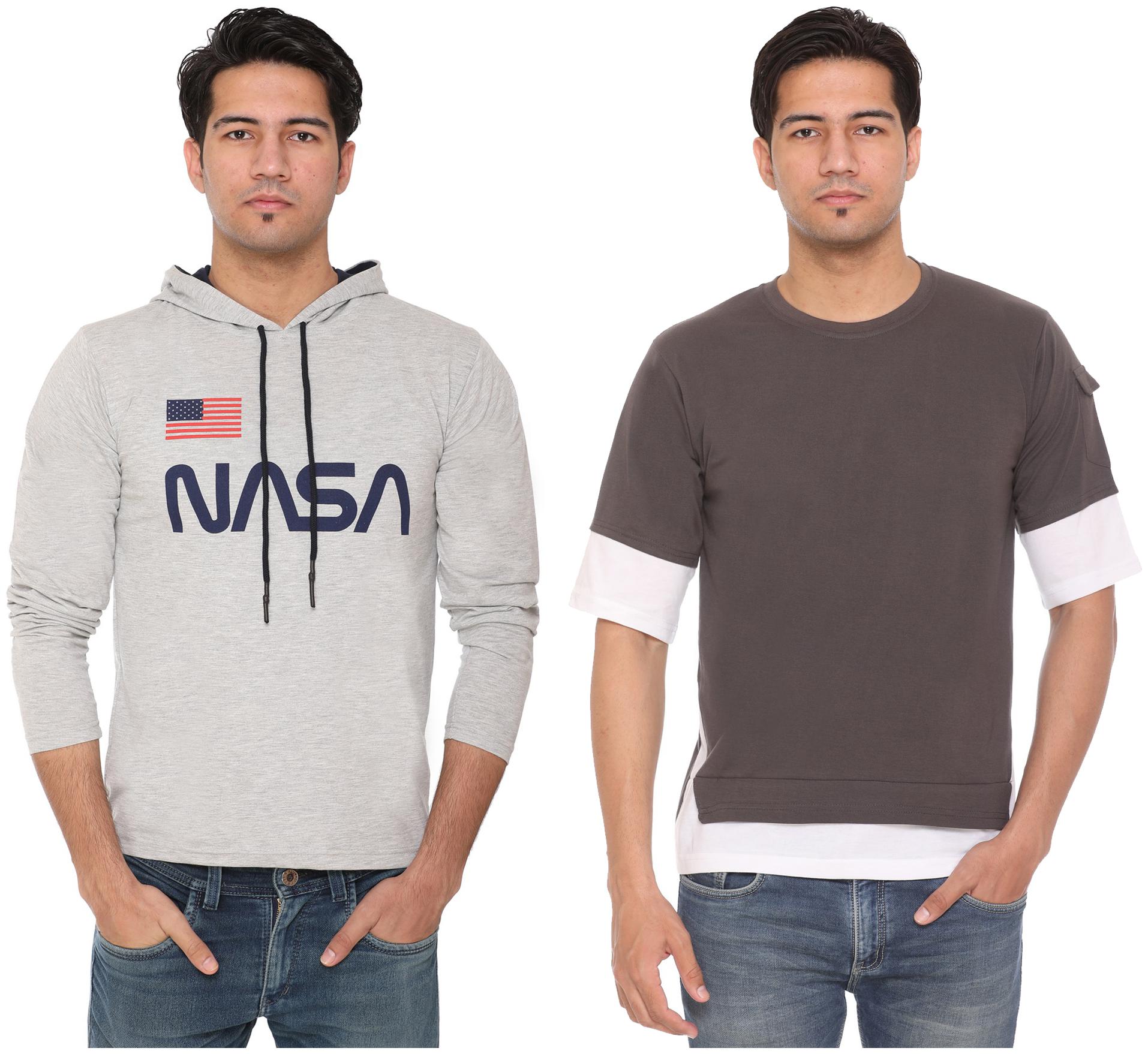 

HVBK Men Brown Grey Regular fit Cotton Blend Hood T-Shirt - Pack Of 2