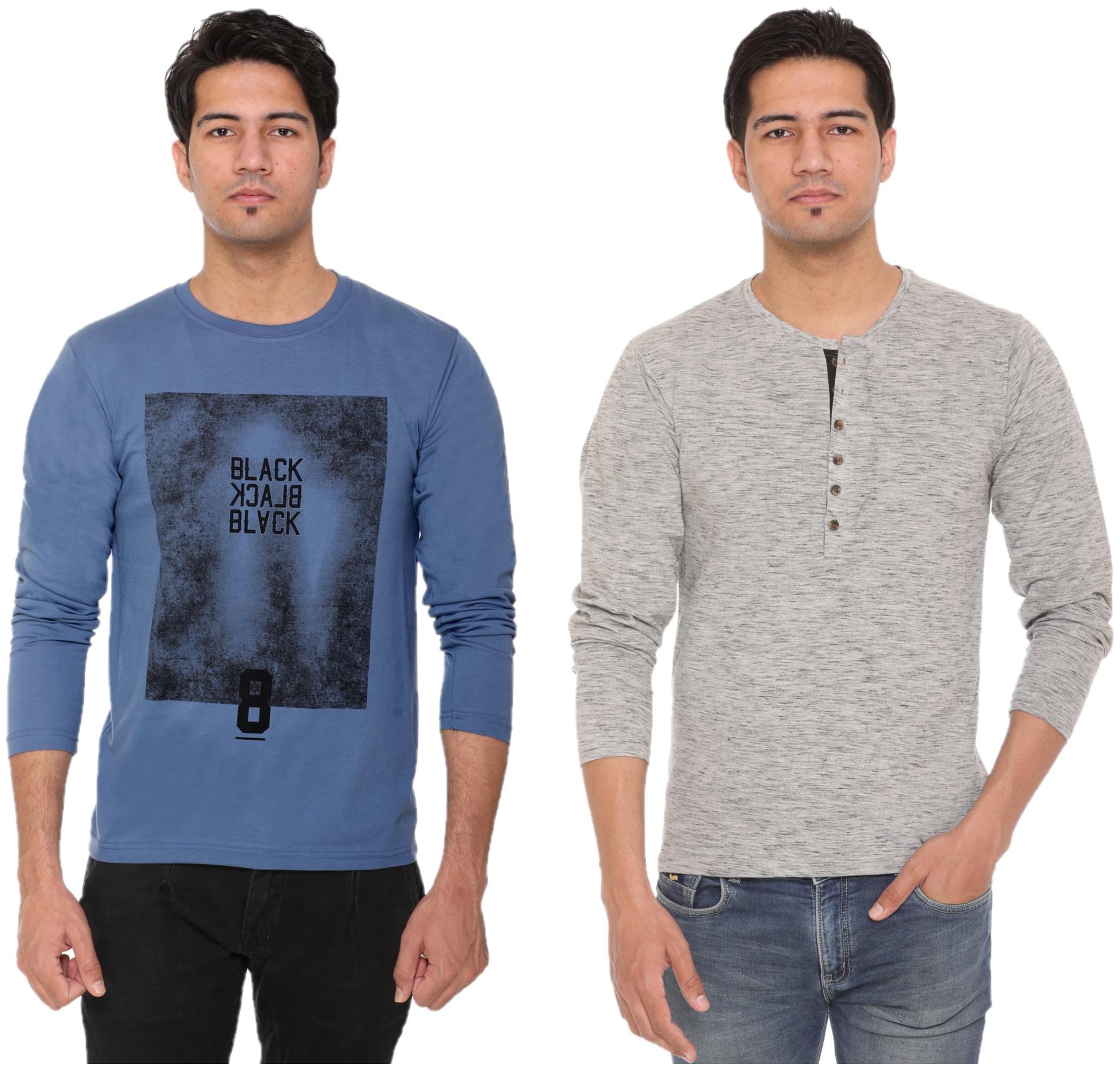 

HVBK Men Grey Blue Regular fit Cotton Blend Round neck T-Shirt - Pack Of 2