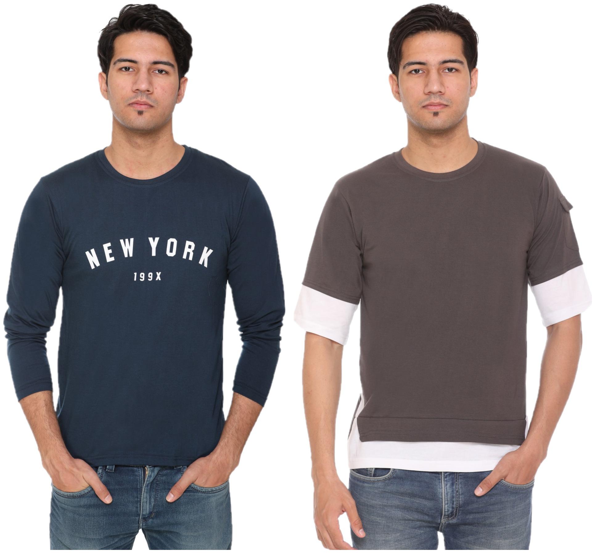 

HVBK Men Grey Blue Regular fit Cotton Blend Round neck T-Shirt - Pack Of 2