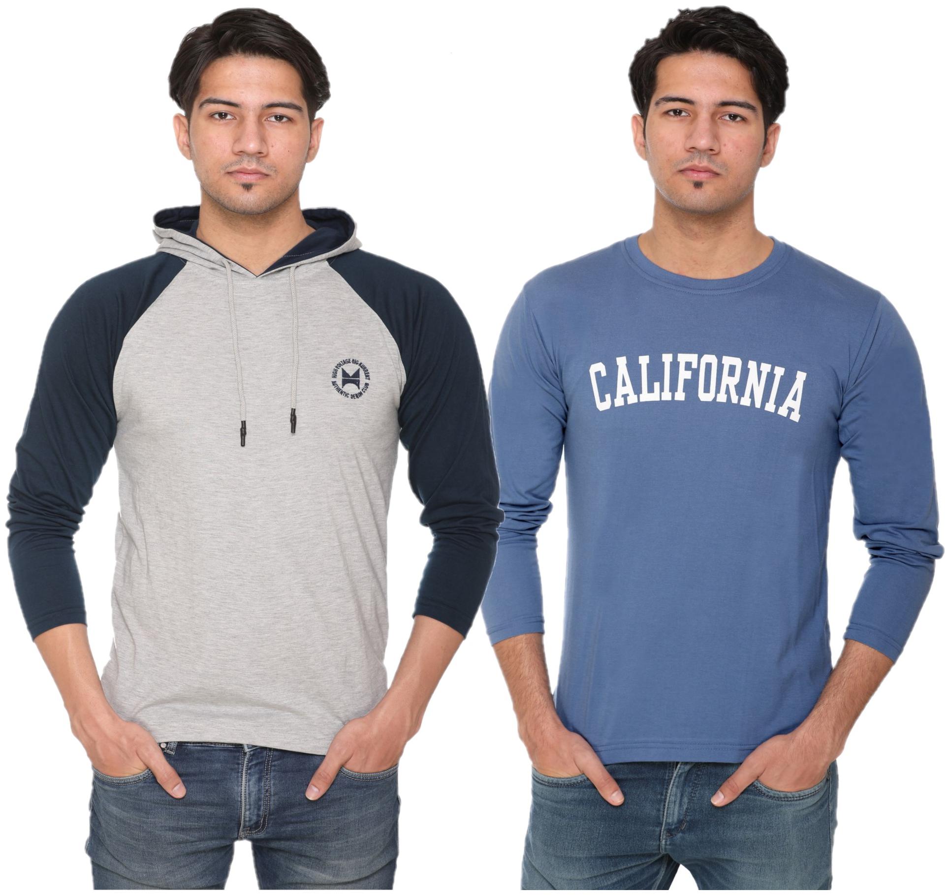 

HVBK Men Blue Grey Regular fit Cotton Blend Hood T-Shirt - Pack Of 2