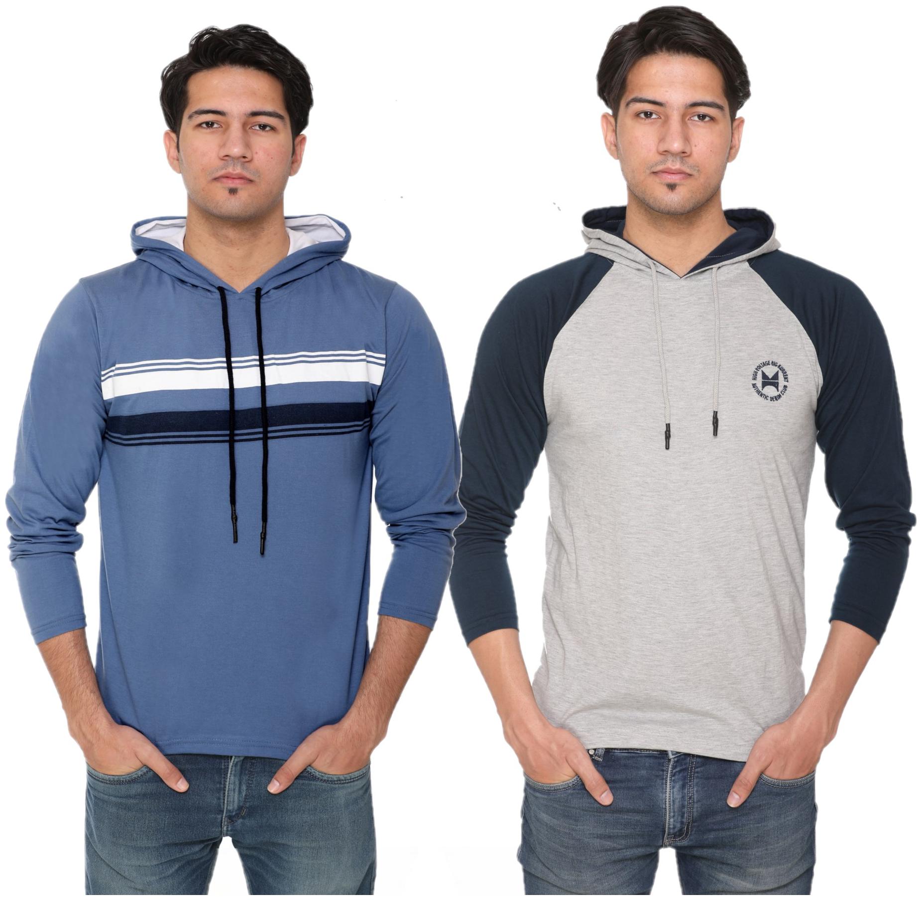 

HVBK Men Blue Grey Regular fit Cotton Blend Hood T-Shirt - Pack Of 2